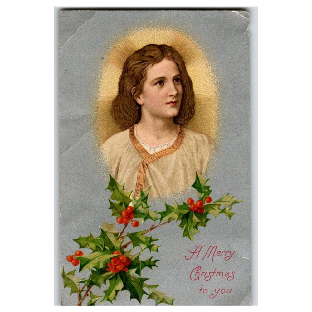 Antique Christmas Postcard Young Jesus Holly Berries Embossed Printed Germany